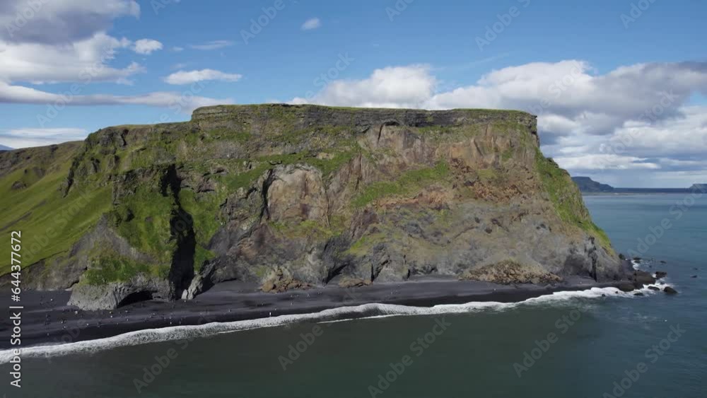 Aerial Flying Towards Beach Reynisfjara Cliffs On Clear Day In Iceland Aerial Flying Towards Beach Reynisfjara Cliffs On Clear Day In Iceland
