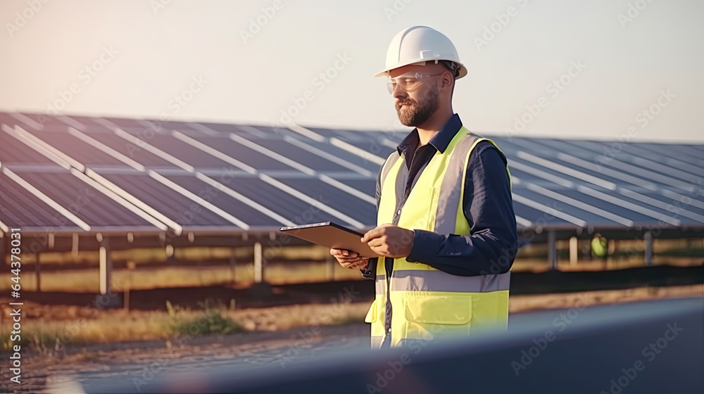 An engineer in uniform holding tablet control solar cell farm. Generative Ai