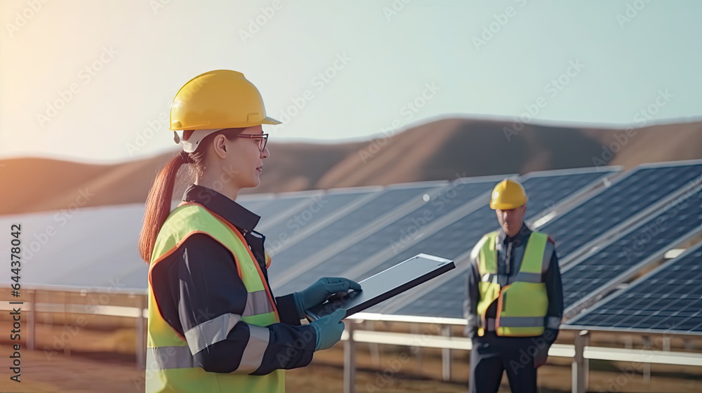 An engineer in uniform holding tablet control solar cell farm. Generative Ai An engineer in uniform holding tablet control solar cell farm. Generative Ai