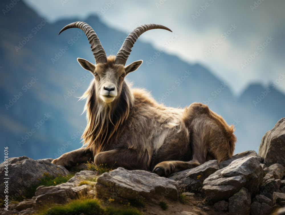 Markhor in its Natural Habitat, Wildlife Photography, Generative AI