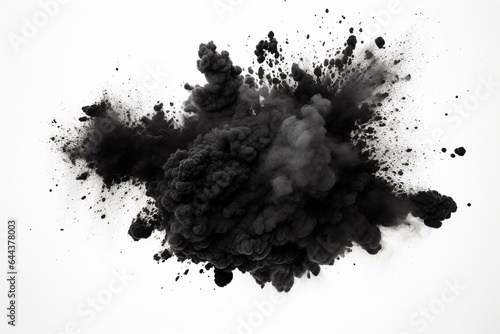 Black powder explosion on white background  particles resembling charcoal. Generative AI