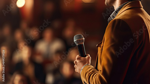 A speaker with microphone in front of audiences. Comedy music and theater live performance. Seminar or Conference. General meeting. Generative Ai