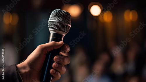 A speaker with microphone in front of audiences. Comedy music and theater live performance. Seminar or Conference. General meeting. Generative Ai
