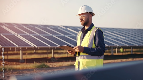 An engineer in uniform holding tablet control solar cell farm. Generative Ai
