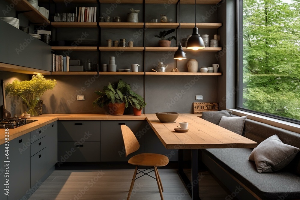 Open gray kitchen nook featuring a table and storage units. Generative AI