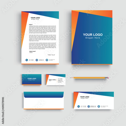 corporate modern stationary set design template with blue orange color. letterhead envelope ,business card ,file folder with bleed .stationery set vector design letterhead, visiting card, envelop