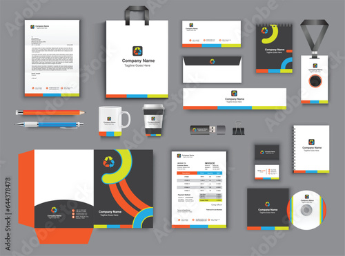 office business colorful stationary set in black white color vector design with letterhead envelop folder id card notepad dvd cover usb paper clip pen pencil cups business card shopper invoice brading
