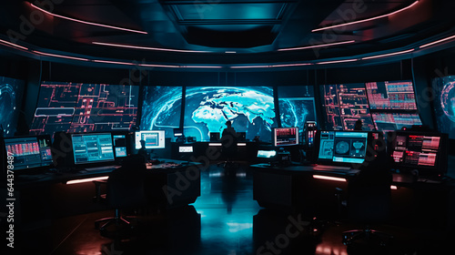 A wide shot of a futuristic control room