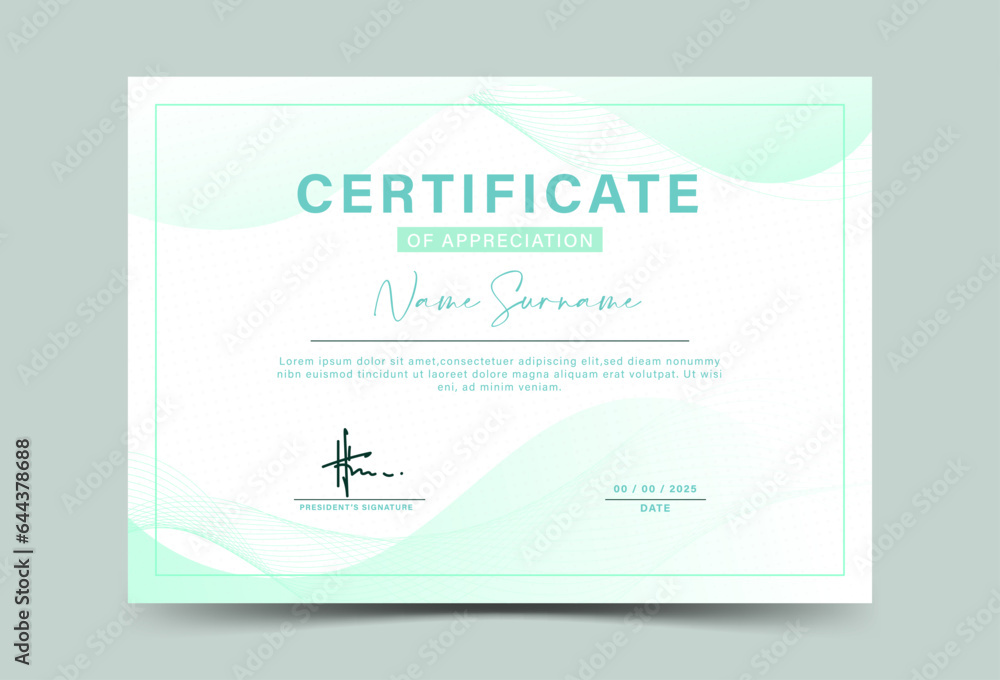 achievement certificate template Vector blank design . green and white wave