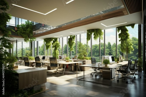 Contemporary office space with greenery, urban vista & ample natural light. 3D design. Generative AI