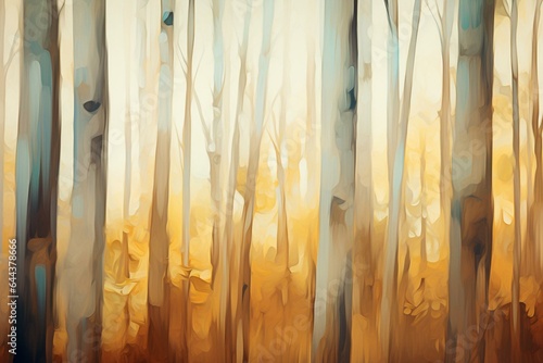 Artistic depiction of forest tree trunks with background blur. Generative AI