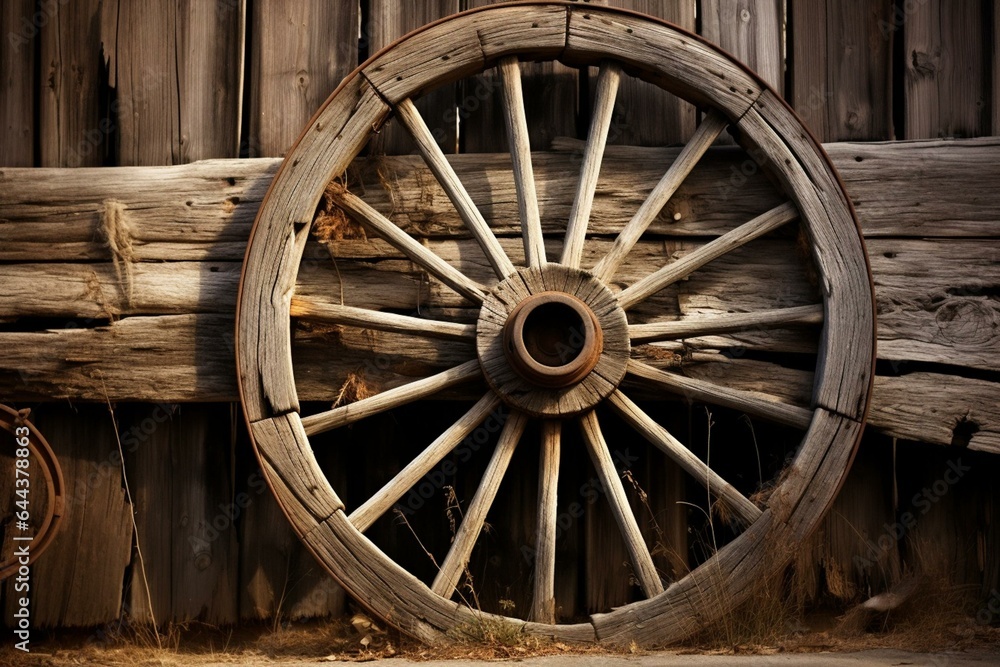 Old wooden wagon wheel. Generative AI