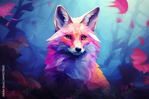 A fox with a low polygon design sitting on a background of pink and blue colors. Generative AI © Emily