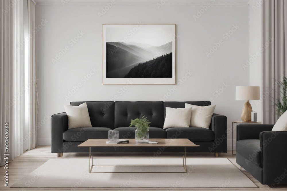 Interior mockup with picture frame on a Wall. Living room with sofa and painting on a wall 3D render. Interior mockup with picture frame on a Wall. Living room with sofa and painting on a wall 3D render.