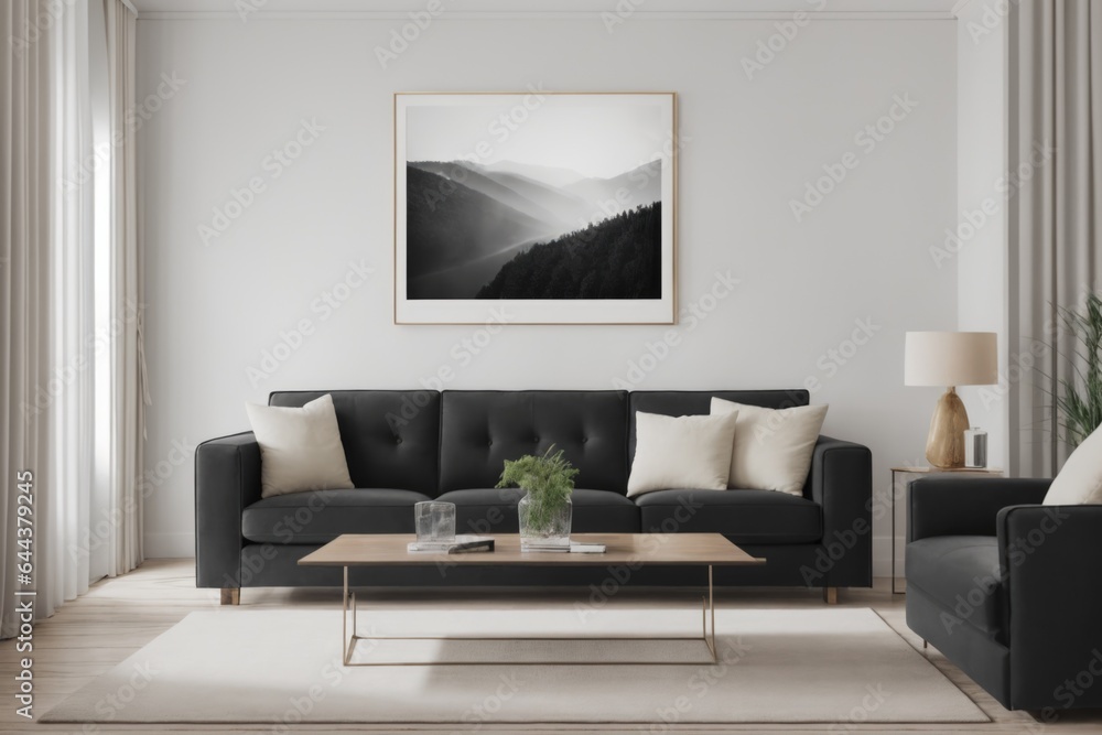 Interior mockup with picture frame on a Wall. Living room with sofa and painting on a wall 3D render.