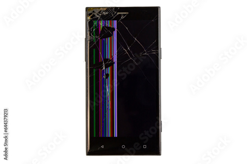 smartphone with a broken screen, with colored stripes and black spots and a black screen