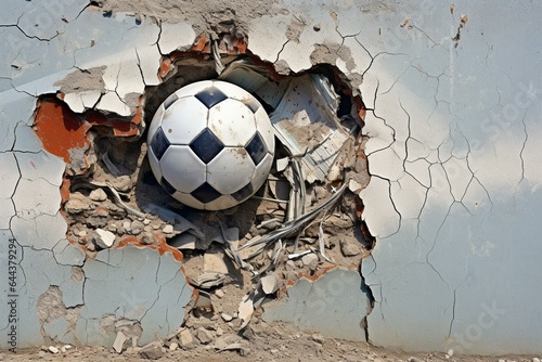 Damaged wall clutches soccer ball. Generative AI