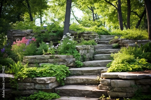 Garden features include steps and a retaining wall made of natural stone. Generative AI