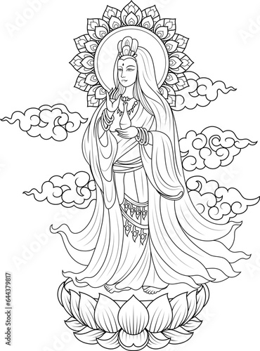 Quanyin or Guan Yin stand on lotus with aureole behind head and cloud background. Chinese god and art Guan Yin character design. Line art Buddhism religious illustration vector.