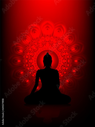 Silhouette Buddha Siddhartha gautama with abstract mandala star on red aura background.
