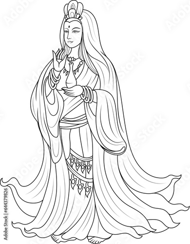 Quanyin or Guan Yin Chinese god and art Guan Yin character design. Line art Buddhism religious illustration vector.