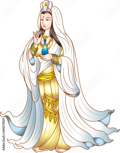 Quanyin or Guan Yin Chinese god and art Guan Yin character design. Colorful Buddhism religious illustration vector.