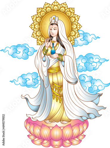 Quanyin or Guan Yin stand on lotus with aureole behind head and cloud background. Chinese god and art Guan Yin character design. Colorful Buddhism religious illustration vector.
