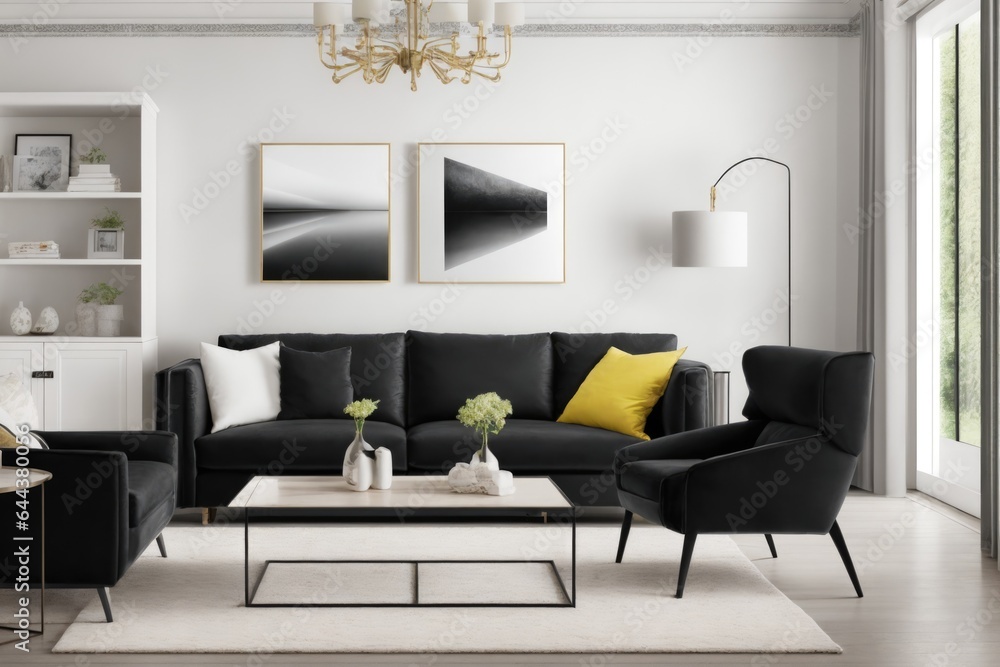 Fototapeta premium Interior mockup with picture frame on a Wall. Living room with sofa and painting on a wall 3D render.