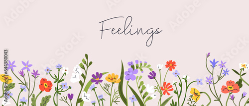 Floral banner design. Nature background with flower border decoration. Wildflowers, romantic card. Delicate gentle meadow field blooms, blossomed plants, branches, leaves. Flat vector illustration