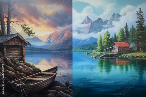 A painting of a boat on a lake with mountains and cabin on shore, and dock with another boat. Generative AI