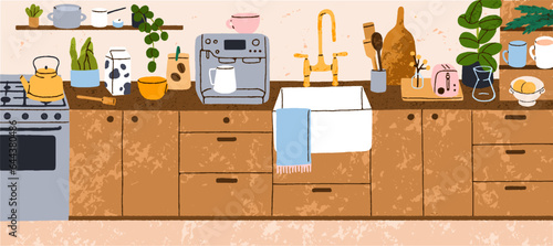 Cozy home kitchen interior panorama. Wood cupboards, furniture, cooker with kettle, sink and towel, cooking appliances. Wooden dining cabinets, coffee machine, utensils. Flat vector illustration