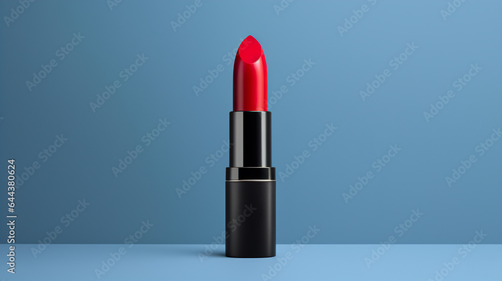 Fototapeta premium Red lipstick on blue background.