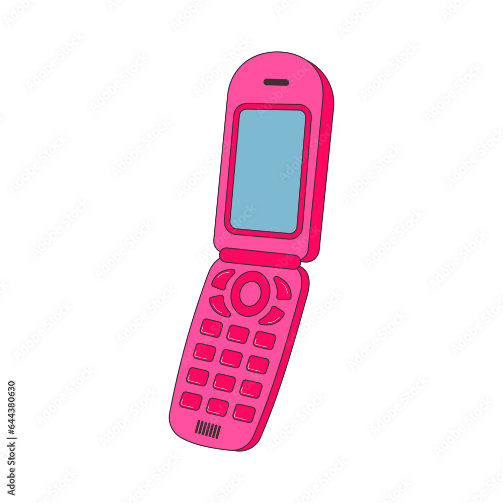 Retro mobile phone from 90s-2000s. Y2k trendy flip phone. Old pink mobile phone sticker. Retro mobile phone from 90s-2000s. Y2k trendy flip phone. Old pink mobile phone sticker.