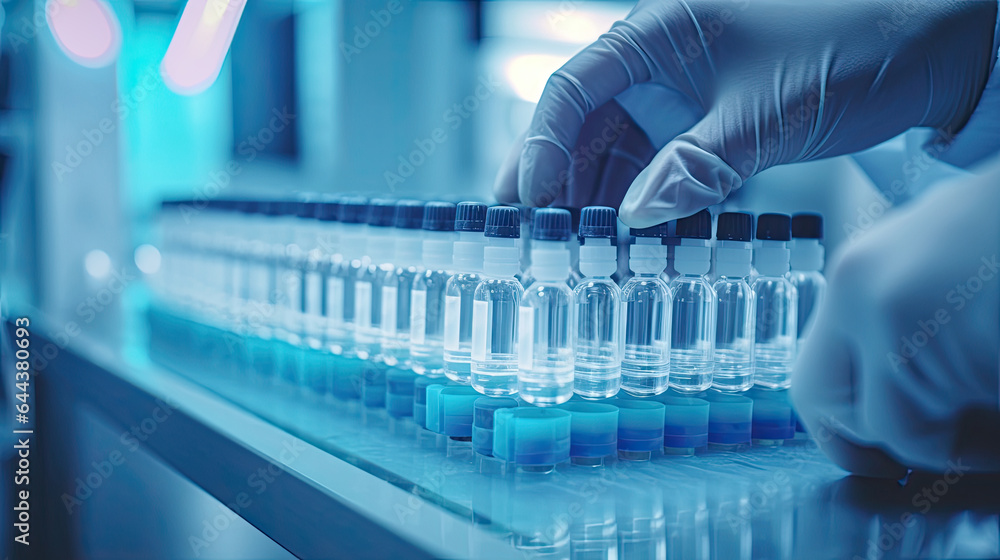 Close up hand with sanitary gloves check Medical vials on production line at pharmaceutical factory, Pharmaceutical machine working pharmaceutical glass bottles production line. Generative Ai. Close up hand with sanitary gloves check Medical vials on production line at pharmaceutical factory, Pharmaceutical machine working pharmaceutical glass bottles production line. Generative Ai.