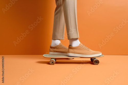 Cropped view of man in beige trousers riding skateboard on orange background