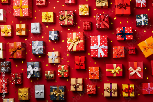Christmas gift boxes with ribbons and a bow on a red background. New Year's surprise.