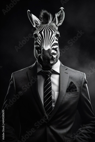 Portrait of a zebra in a suit on a black background