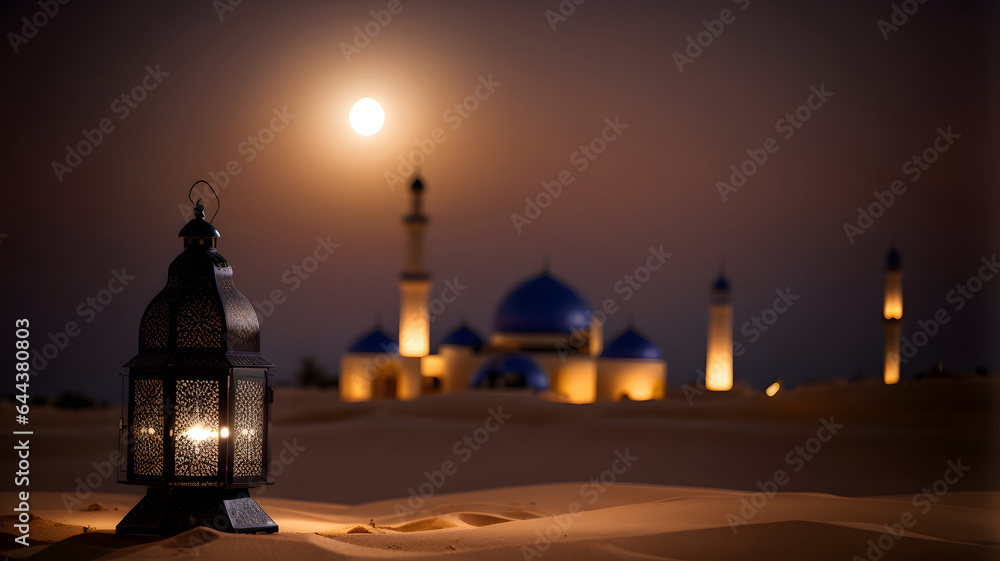 ramadan lantern in the desert with background mosque