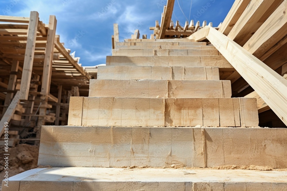 Durable construction materials used for stair building at a construction site. Generative AI