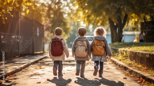 Group of Funny young children walking together in friendship, On their first day of school, back to school concept. Generative Ai