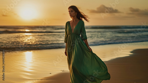 Happy beautiful woman in green dress walking on tropical beach at sunset. Generative Ai