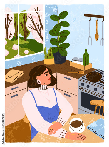 Woman sitting in cozy kitchen at hygge home. Young girl drinking tea in morni...