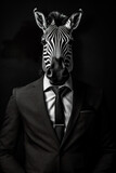 Fashion portrait of a zebra in a suit on a black background