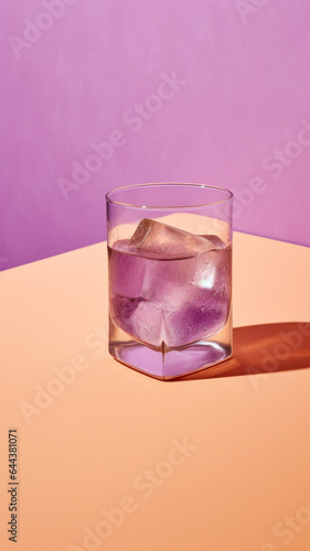 Glass of purple gin and tonic with ice cubes on orange and purple background with shadows