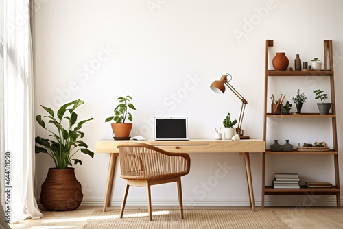 A modern home office with wooden desk, chic chair, bamboo shelf, carpet, macrame, poster frame, supplies, decorations, and accessories. Generative AI