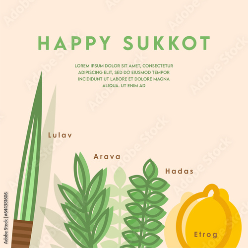 Happy Sukkot- template poster, banner. Jewish Feast of Tabernacles with sukkah, lemon, etrog, lulav, Arava, Hadas. Isolated on white background. Vector illustration.