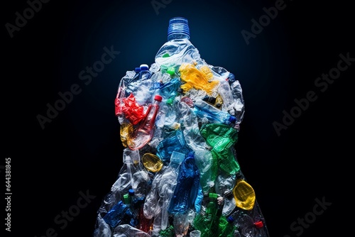 Recycling logo with plastic water bottles. Visualizes the concept of reusing plastic waste. Generative AI