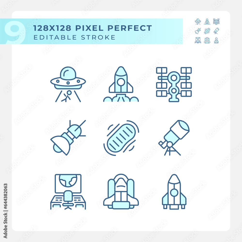 Science fiction pixel perfect light blue icons. Space ship. Sci fi. Alien contact. Extraterrestrial life. RGB color. Website icons set. Simple design element. Contour drawing. Line illustration Science fiction pixel perfect light blue icons. Space ship. Sci fi. Alien contact. Extraterrestrial life. RGB color. Website icons set. Simple design element. Contour drawing. Line illustration