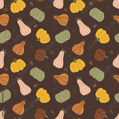 Pumpkins. Autumn print on a dark background. Hand drawing. Simple pattern. Vector illustration