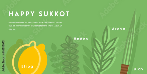 Happy Sukkot- template poster, banner. Jewish Feast of Tabernacles with sukkah, lemon, etrog, lulav, Arava, Hadas. Isolated on white background. Vector illustration.